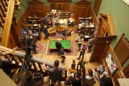 Central Hall dressed as an old school house common room.